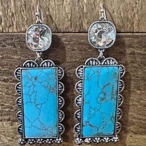Boho Turquoise Elegance: Crystal-Studded Rectangle Earrings, Gift Box